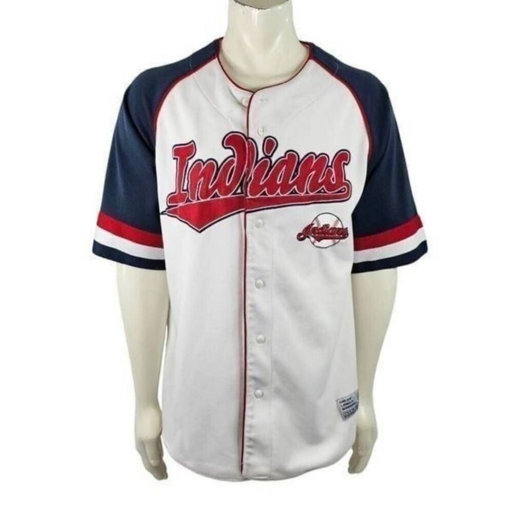 True Fan MLB Cleveland Indians Jersey Men’s Large L White Blue Red Baseball Shir